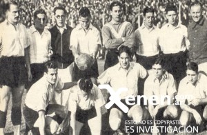 El equipo de la Academia de 1938. Arriba: Villa, A.Díaz, Novara, Navarte y Scarcella. Abajo: Devizia, Zito, Barrera, Fandiño y el Chueco García.